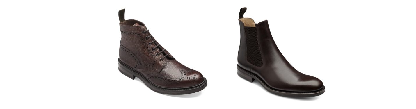 Two models of brown leather Loake ankle boots