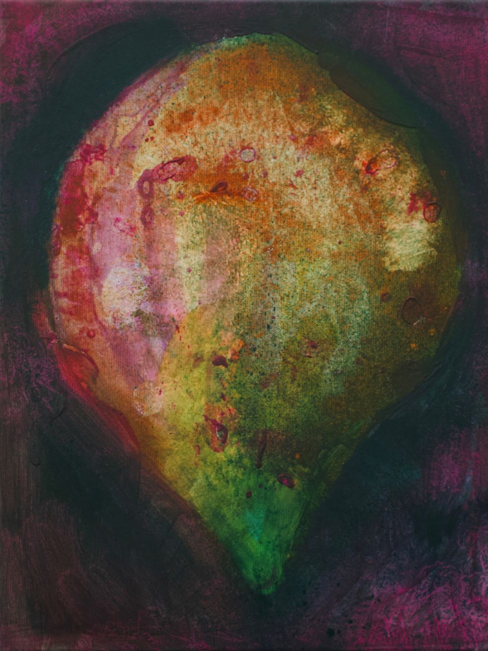 Abstract painting with a multicoloured form against a dark background.