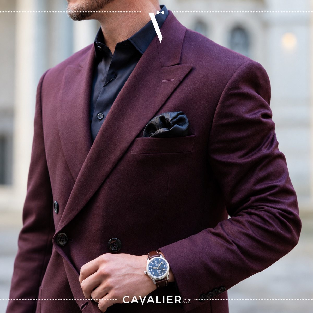 Close-up of the lapel, pocket square and watch worn with a burgundy double-breasted made-to-measure jacket
