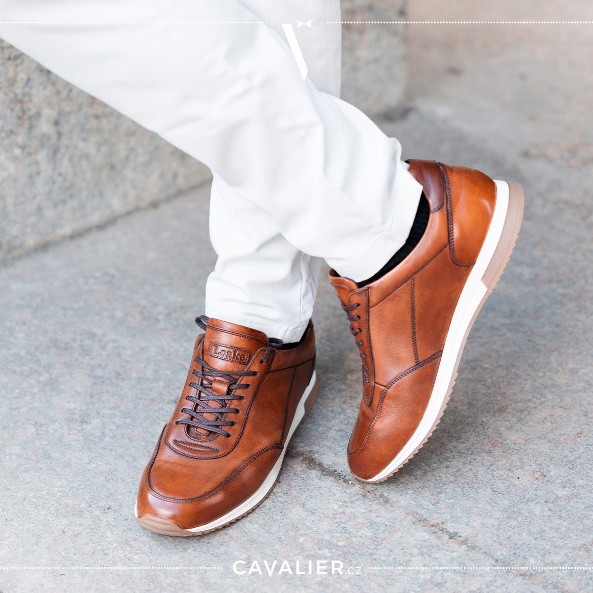 Brown Loake leather trainers with light made-to-measure trousers — a smart casual footwear option