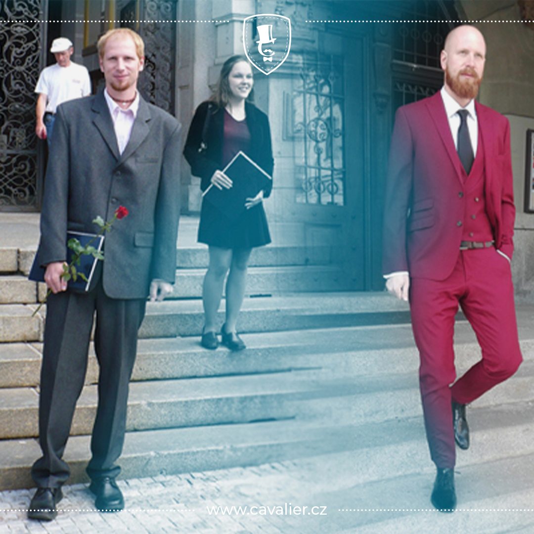 Side-by-side images of a man in grey and burgundy suits