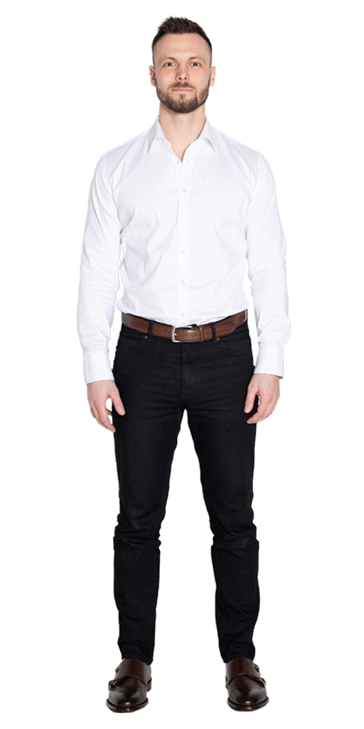The man gradually shows different combinations of shirts, jackets, vests and trousers.