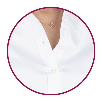 Front of a white blouse with a V-neckline.