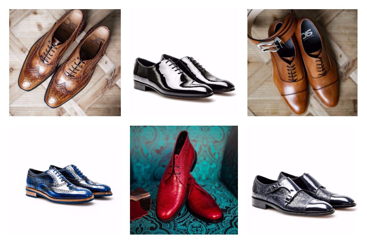 Collage of brown, black, blue and red men's dress shoes.