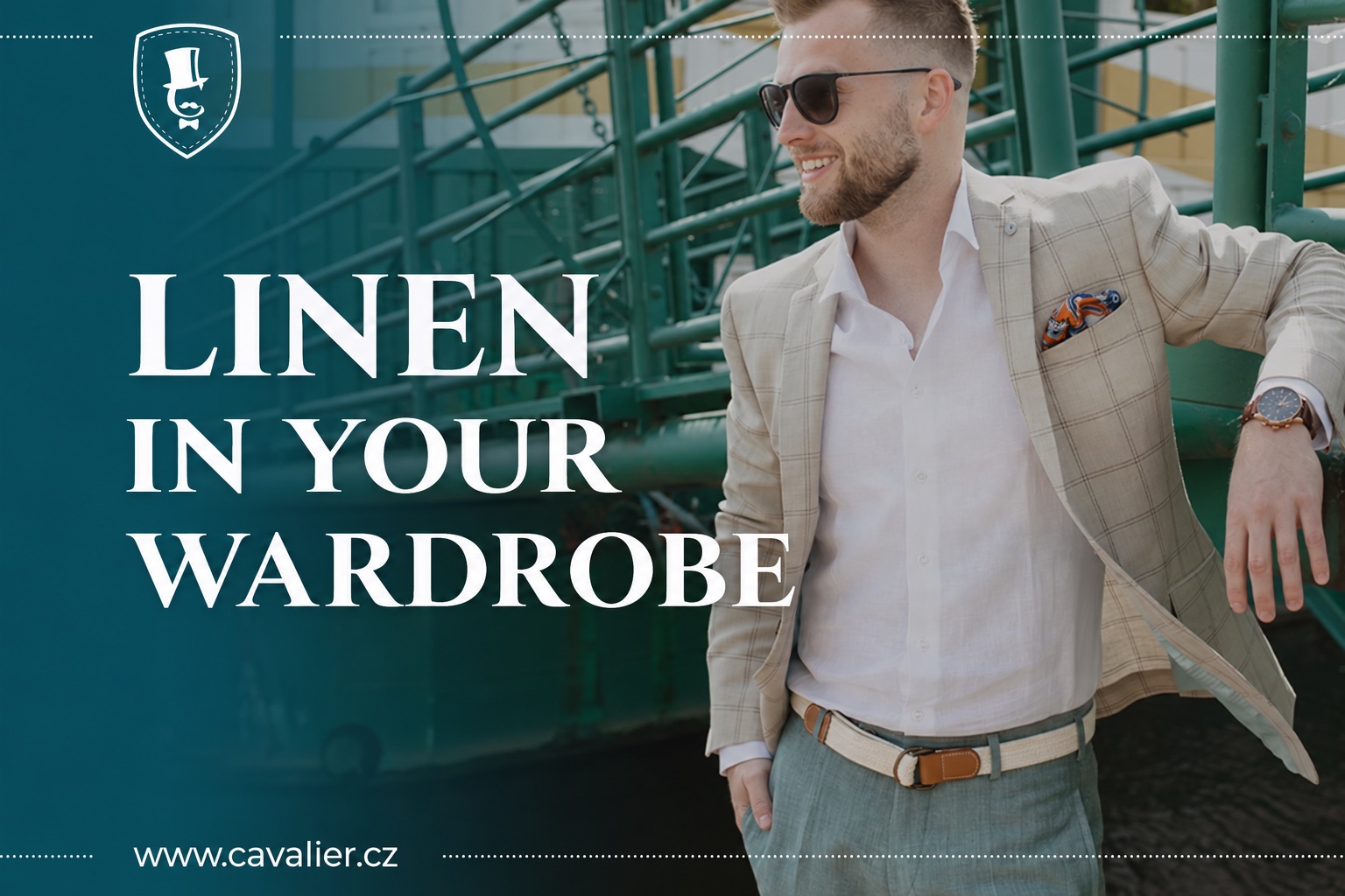 Article cover about linen clothing: a man in a light jacket and trousers.