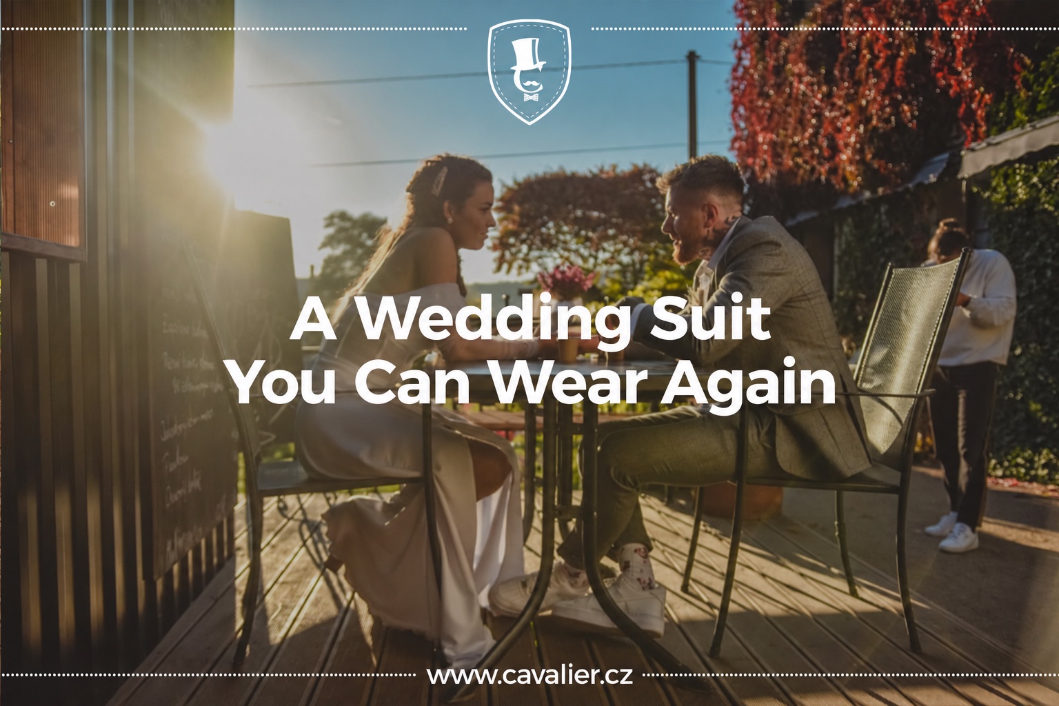Bride and groom sitting together outdoors at a wedding reception